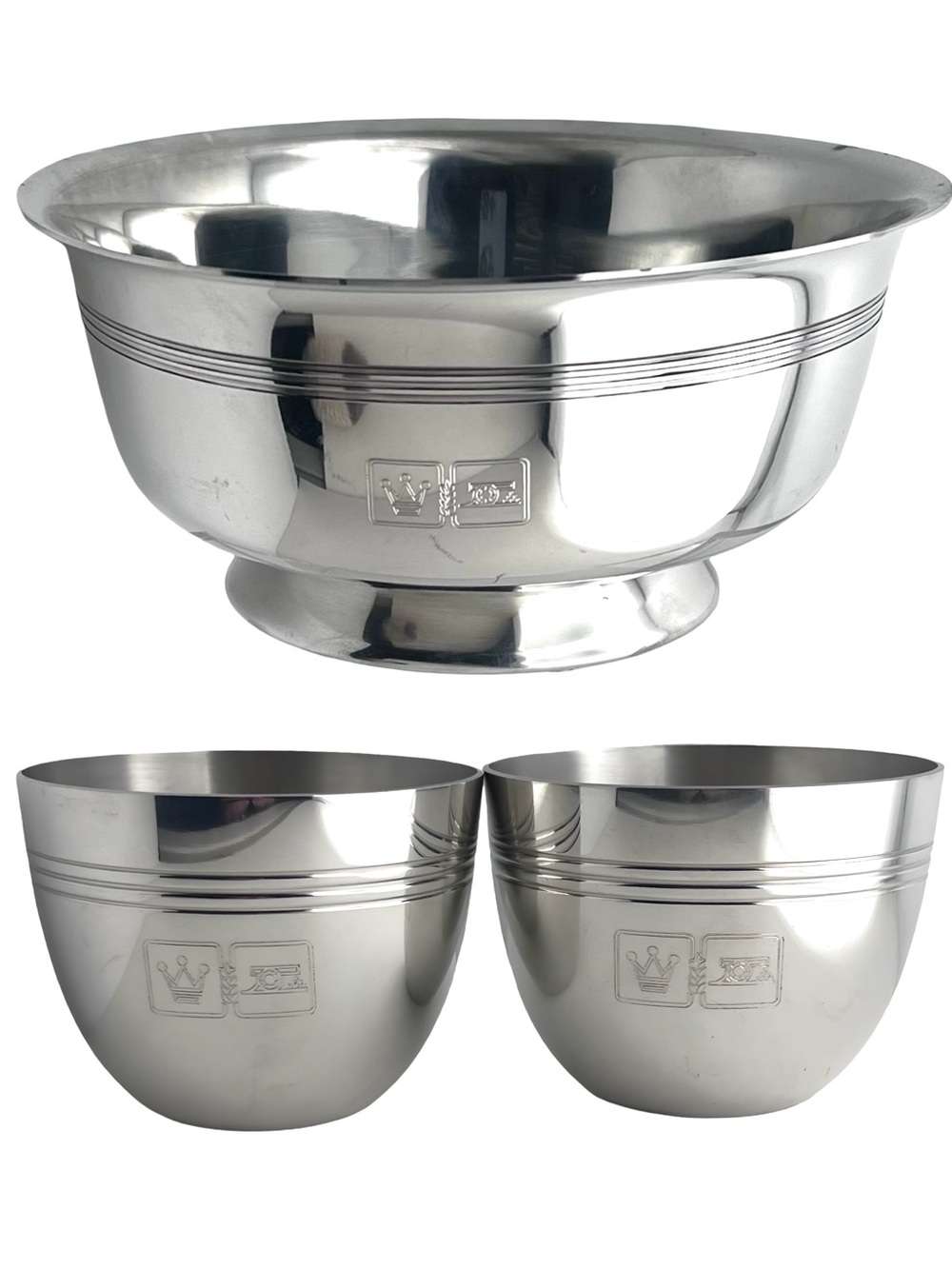 Vintage Jostens, Made in England Pewter Drinking Cups & Bowl Set